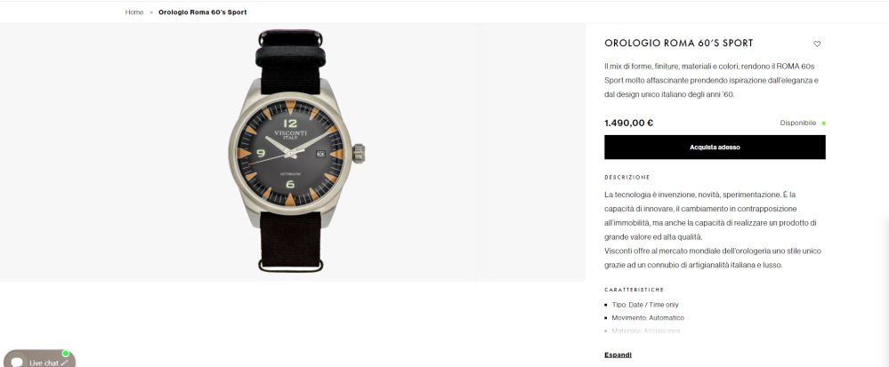 La pagina prodotto di un orologio Roma 60's Sport