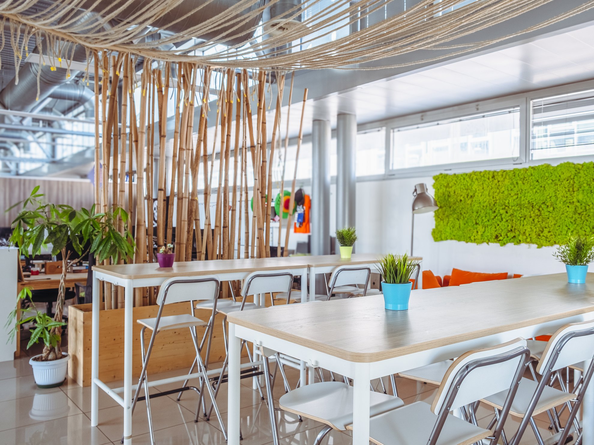 Vista di un ufficio moderno con aree comuni e piante.