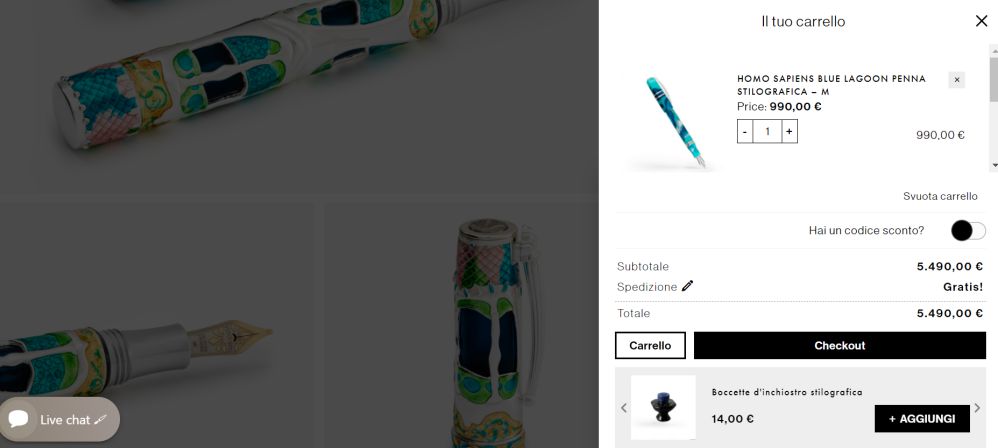 Screenshot del carrello dell'e-commerce