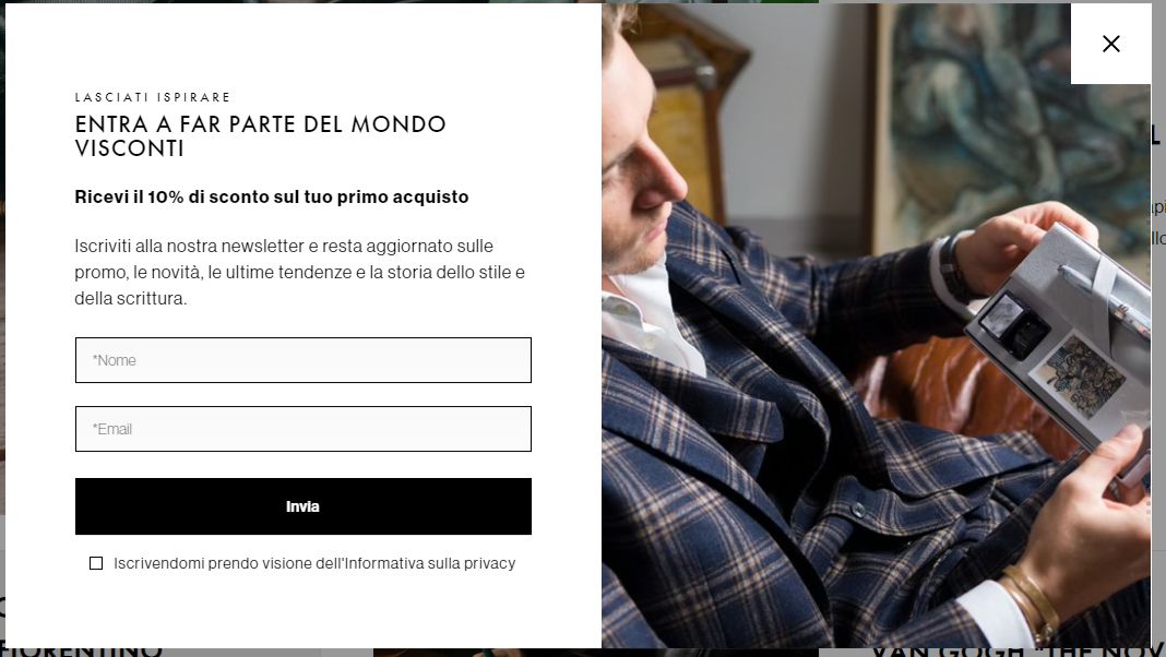 Screenshot: popup di iscrizione alla newsletter