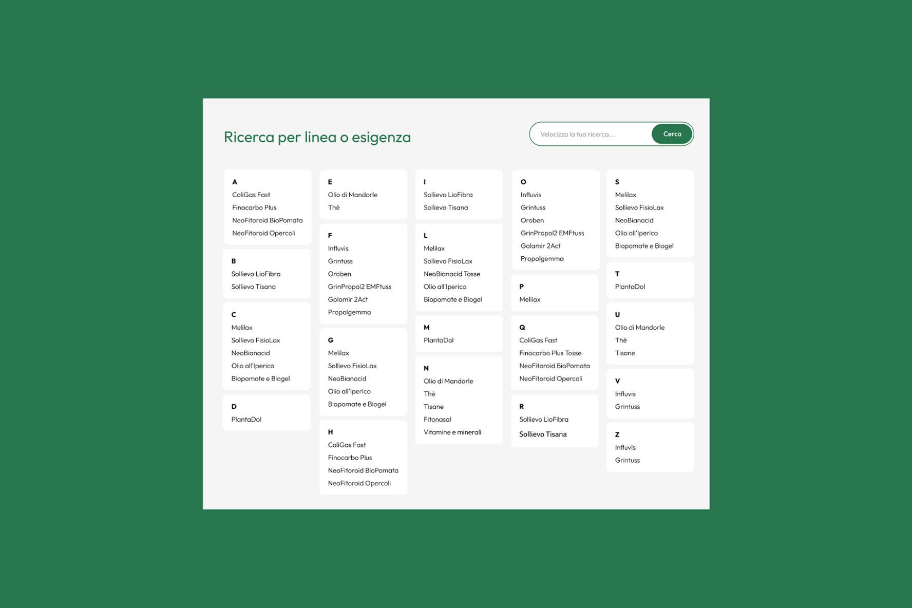 Ricerca per linea o esigenza sul sito web Aboca, con elenco di prodotti alphabetici.