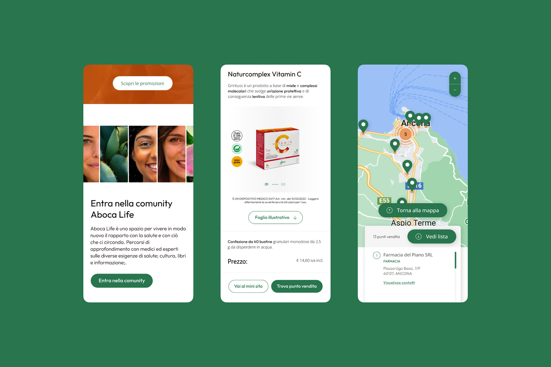 Schermata di smartphone con il sito Aboca Life, presentazione di prodotti e community.