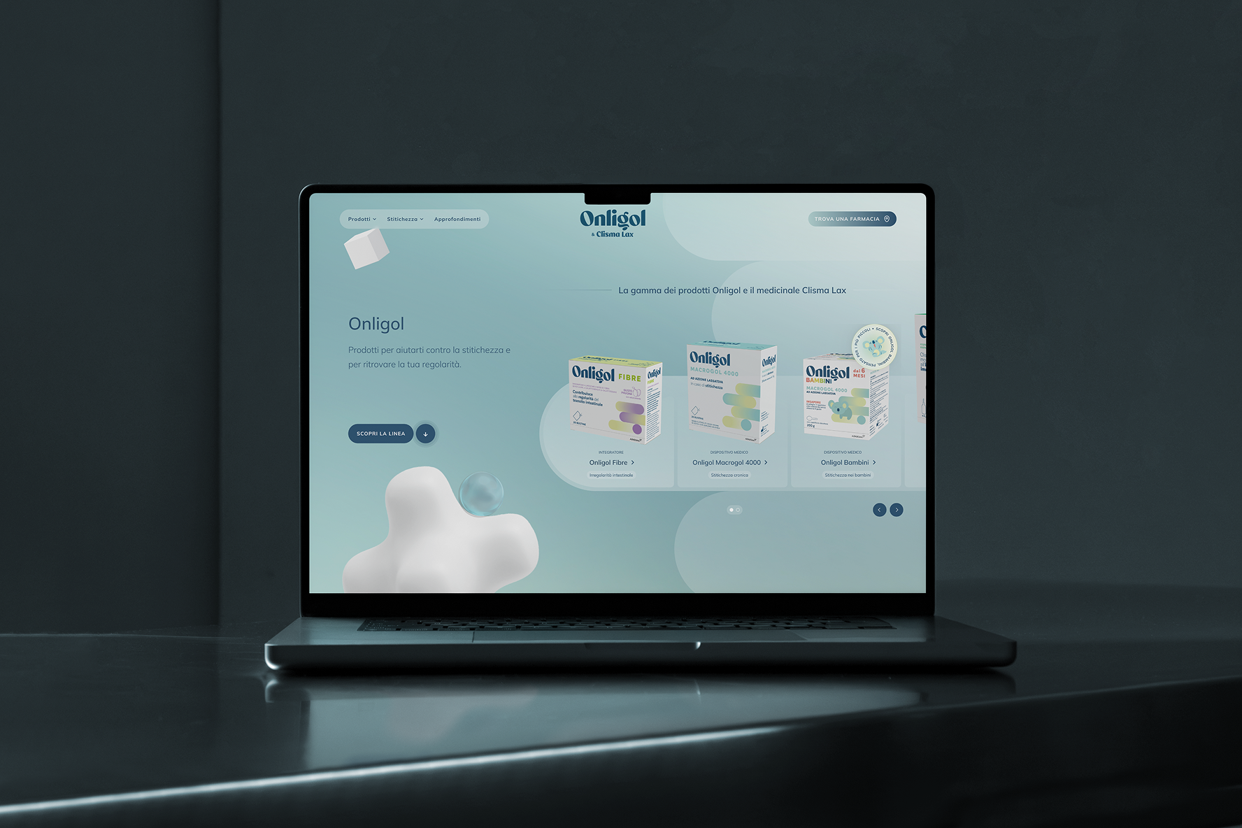Laptop aperto che mostra il sito web di Onligol, con prodotti per la stitichezza.