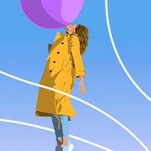 Ragazza con impermeabile giallo, jeans e scarpe da ginnastica soffia una bolla di gomma.