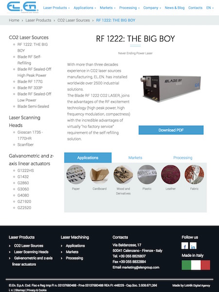 La pagina laser products del sito El.En. laser ottimizzata per tablet