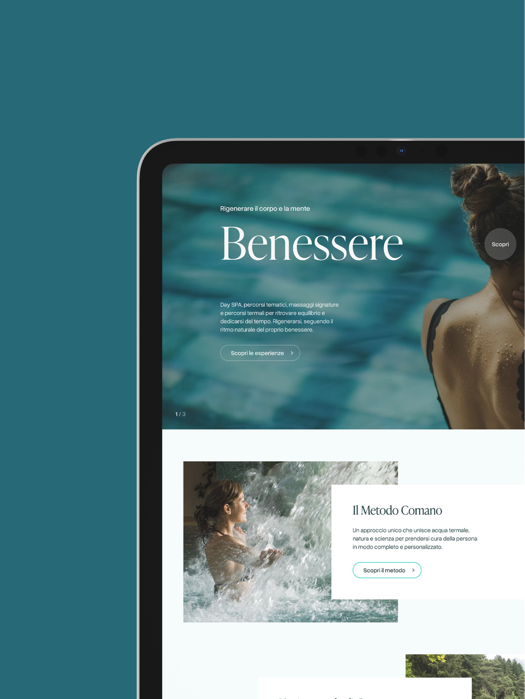 Tavoletta che mostra un'immagine di una persona in una cascata d'acqua e testo sul benessere.