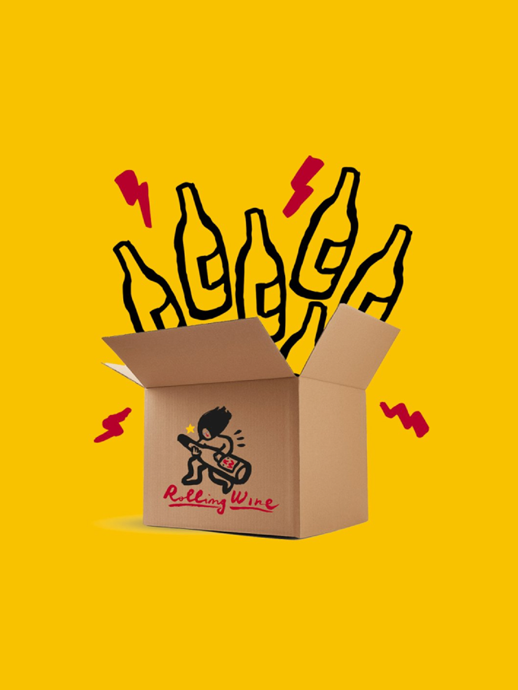 Scatola aperta con bottiglie di vino stilizzate e simboli di fulmine su sfondo giallo.