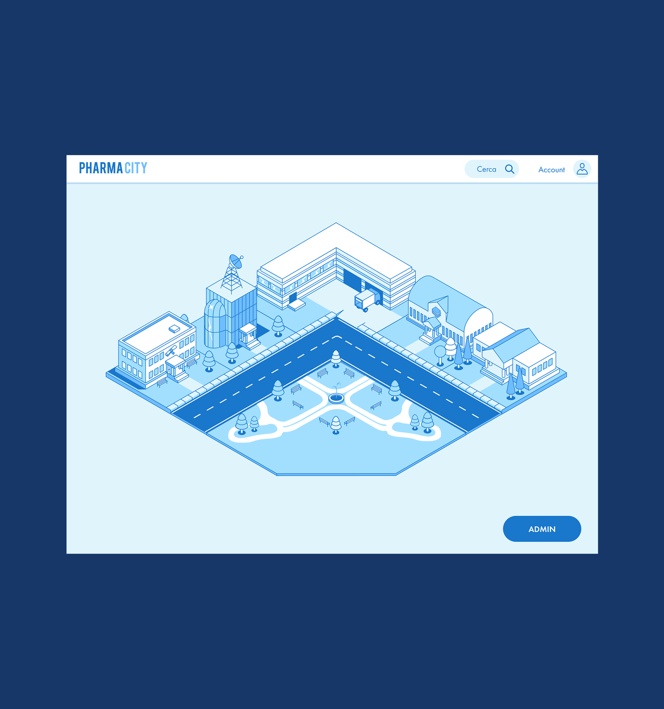 Illustrazione isometrica di Pharmacity con edifici e parco