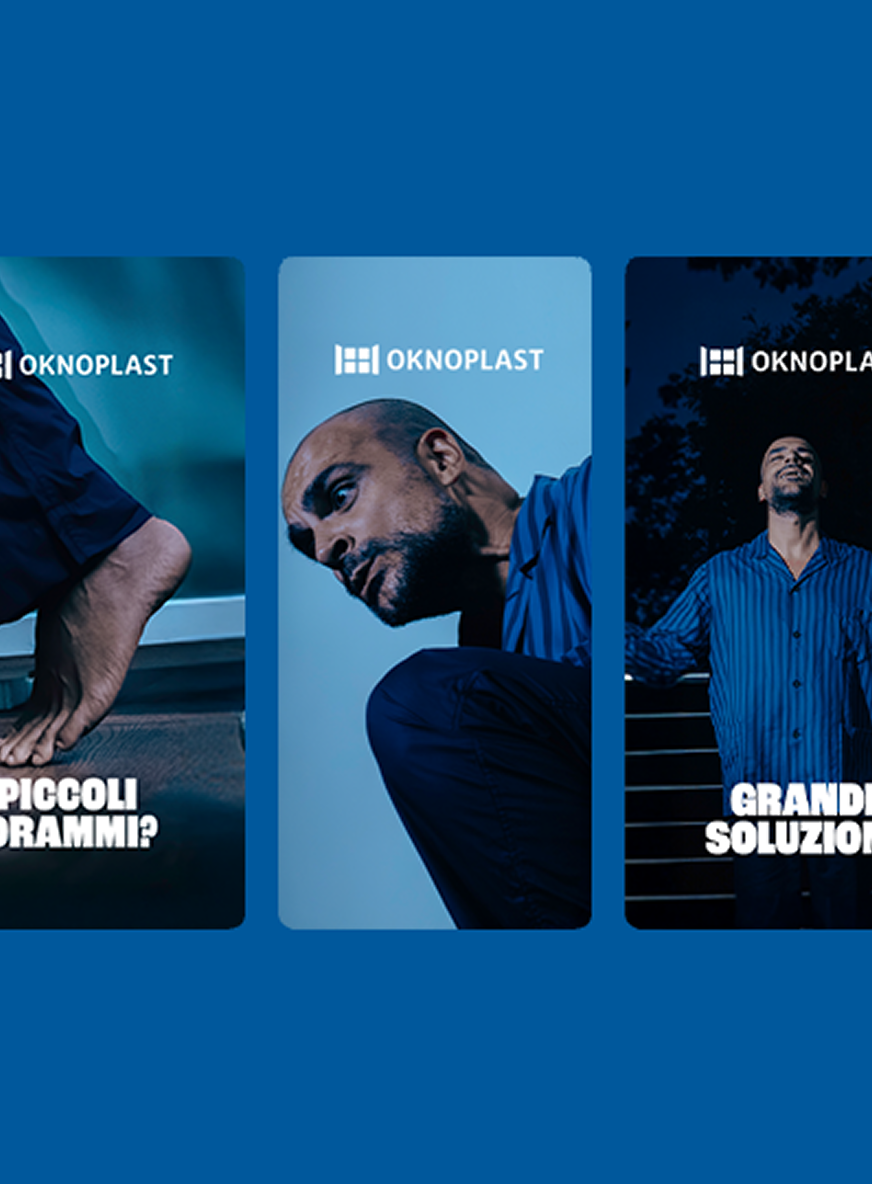 Tre pannelli del brand Oknope. Primo pannello mostra un piede, secondo un viso maschile, terzo un uomo in pigiama.