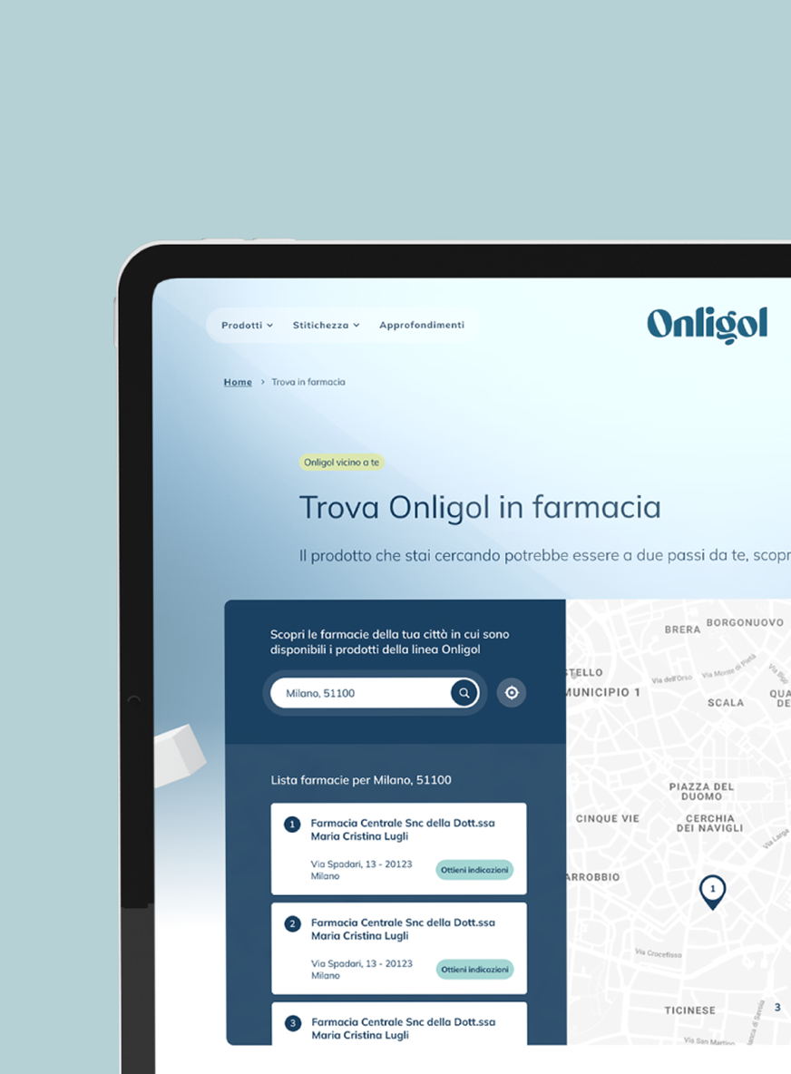 Schermata di un tablet che mostra la ricerca di farmacie Onligol vicino a Milano.