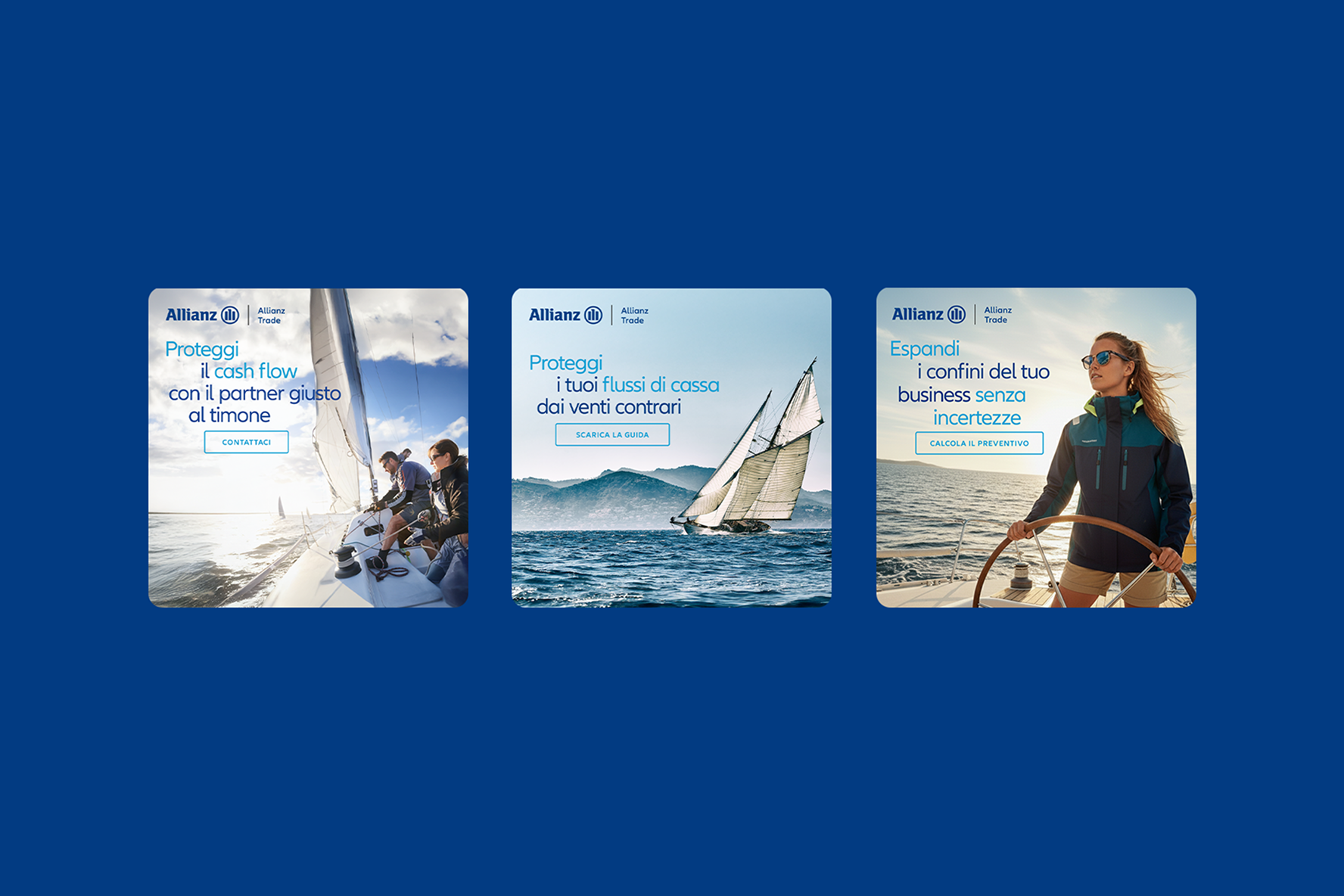 Tre banner pubblicitari di Allianz Trade con immagini di barche a vela e yacht.
