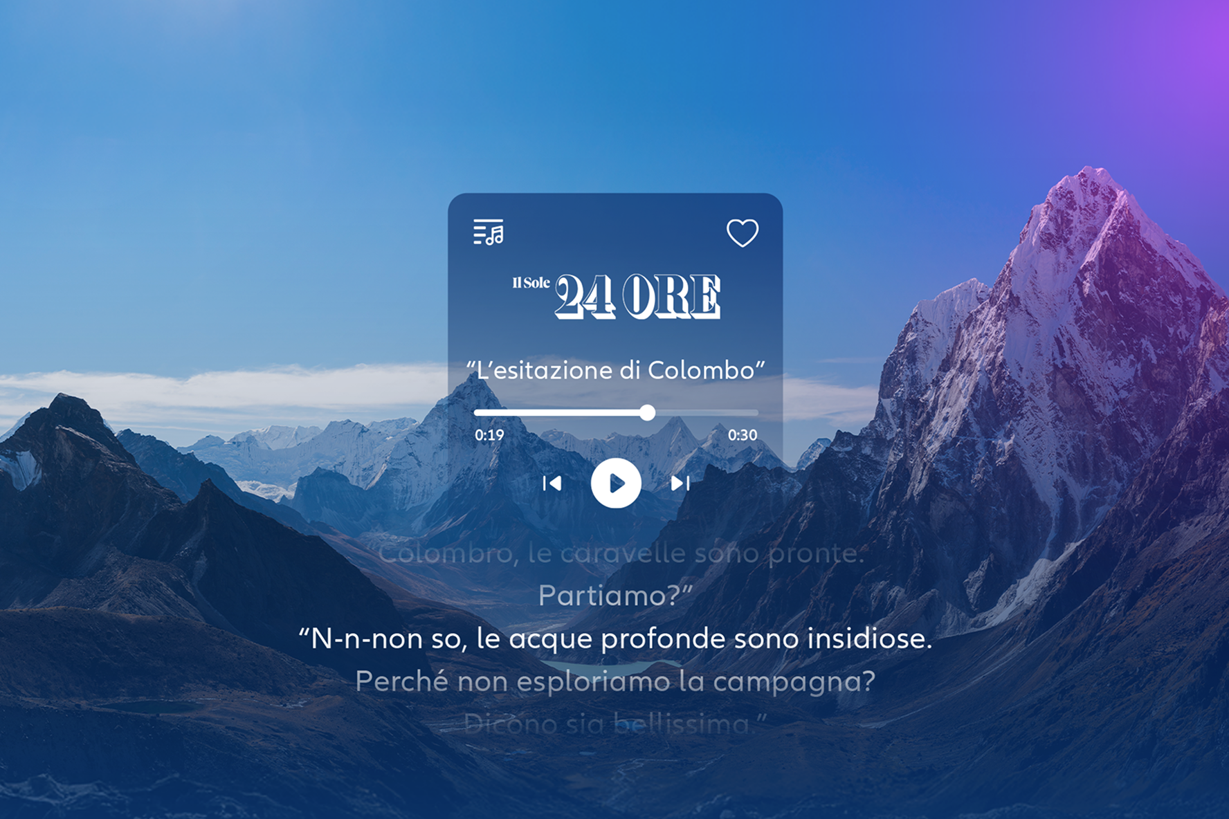 Interfaccia di riproduzione audio per podcast 'L'esitazione di Colombo' de Il Sole 24 Ore.