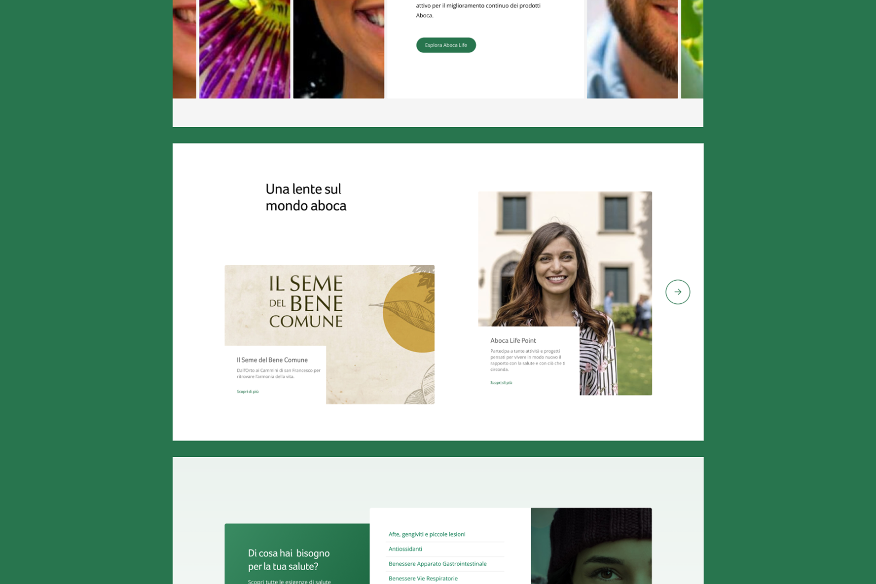 Schermata di un tablet che mostra il sito web di Aboca Life con volti sorridenti e elementi naturali.