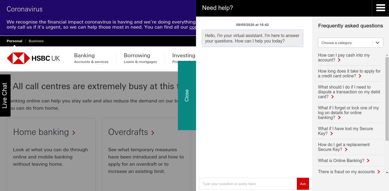 Screenshot del servizio di assistenza di HSBC