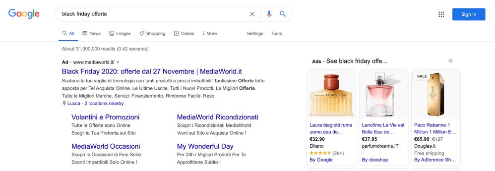 Risultati di ricerca Google con le offerte per il Black Friday